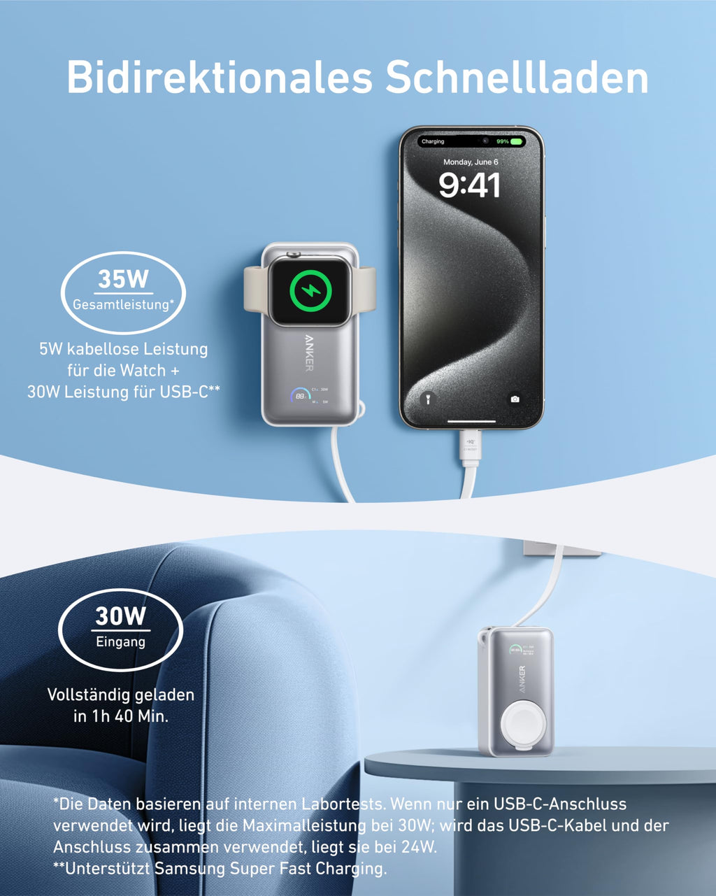 Anker MagGo Power Bank for Apple Watch, Officially Certified 10,000mAh Compact Battery Pack with Built-in USB-C Cable, 35W Max, for iPhone 15 Series, Samsung, iPad, AirPods, and More(White)