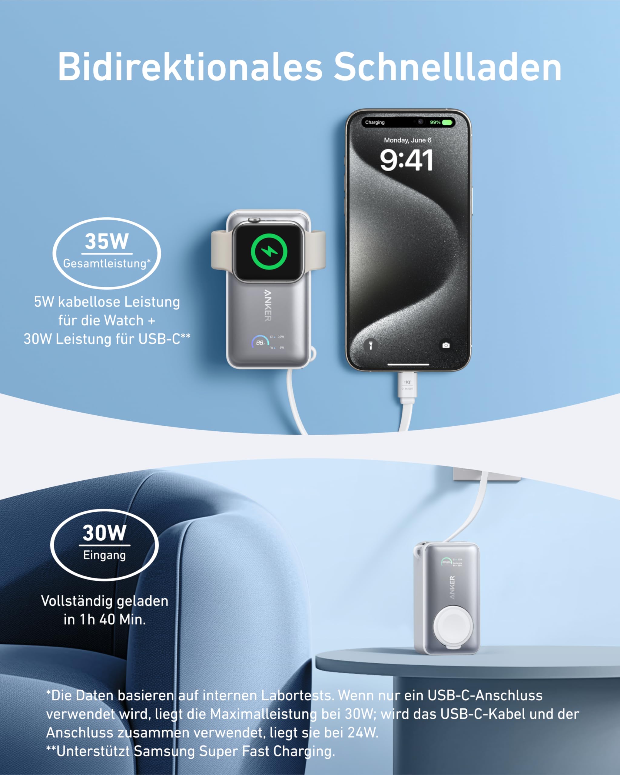 Anker MagGo Power Bank for Apple Watch, Officially Certified 10,000mAh Compact Battery Pack with Built-in USB-C Cable, 35W Max, for iPhone 15 Series, Samsung, iPad, AirPods, and More(White)
