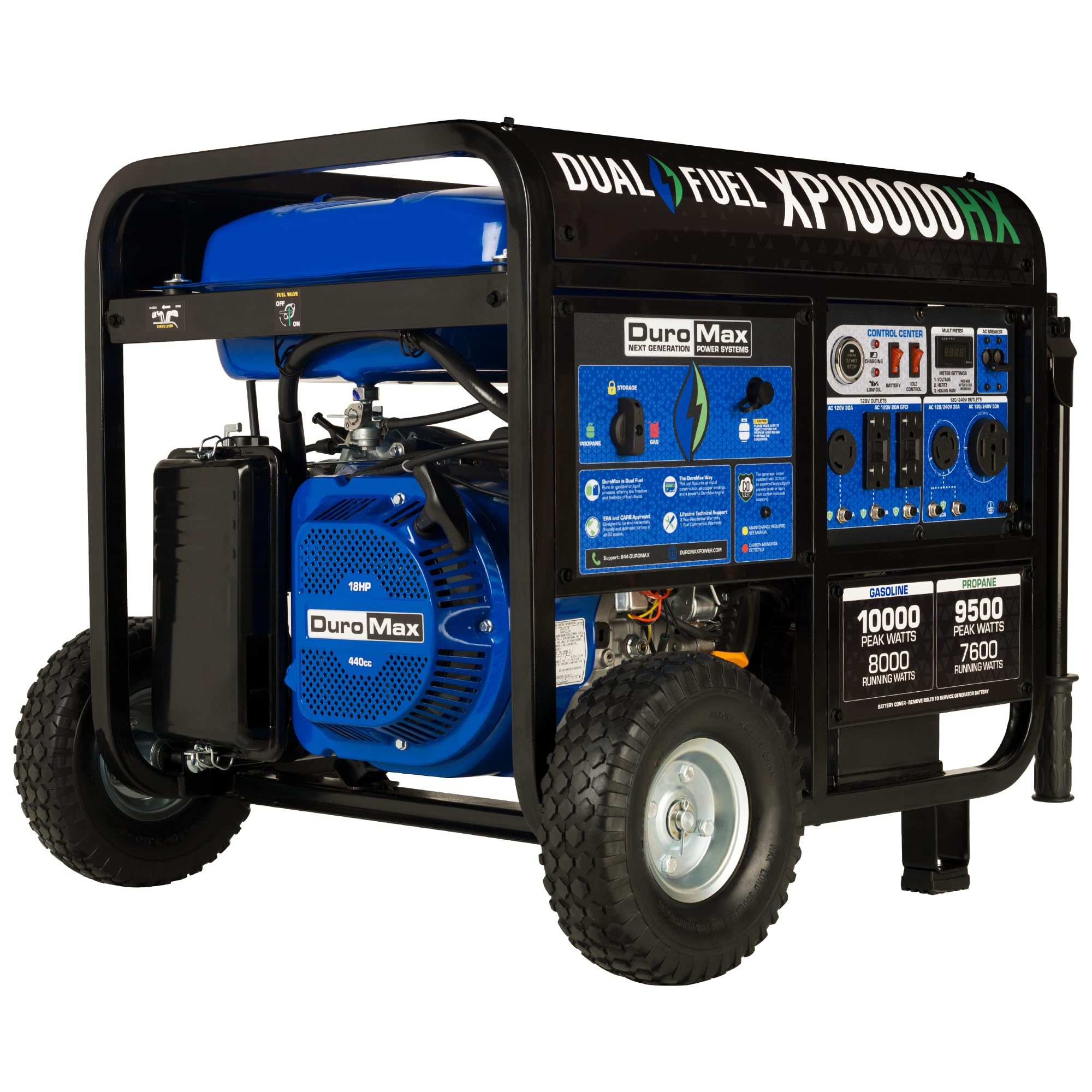 DuroMax XP10000HX 10,000-Watt Dual Fuel Portable Generator - Gas & Propane, Electric Start, Whole Home Power Backup, Transfer Switch Ready, RV & Emergency Ready