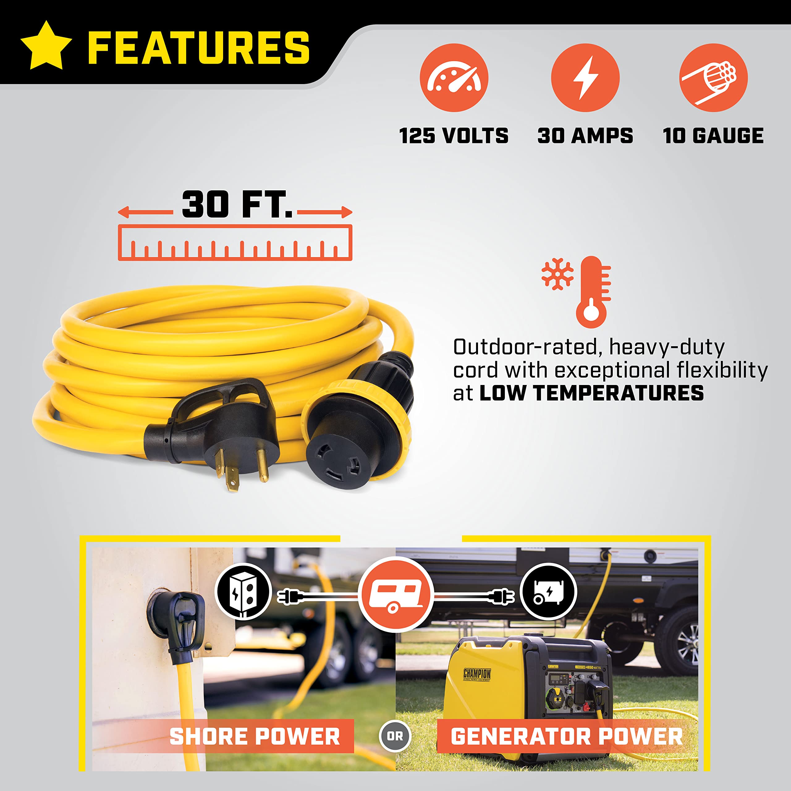 Champion Power Equipment 30-Foot 30-Amp 125-Volt RV Generator Power Cord, (TT-30P to L5-30R)