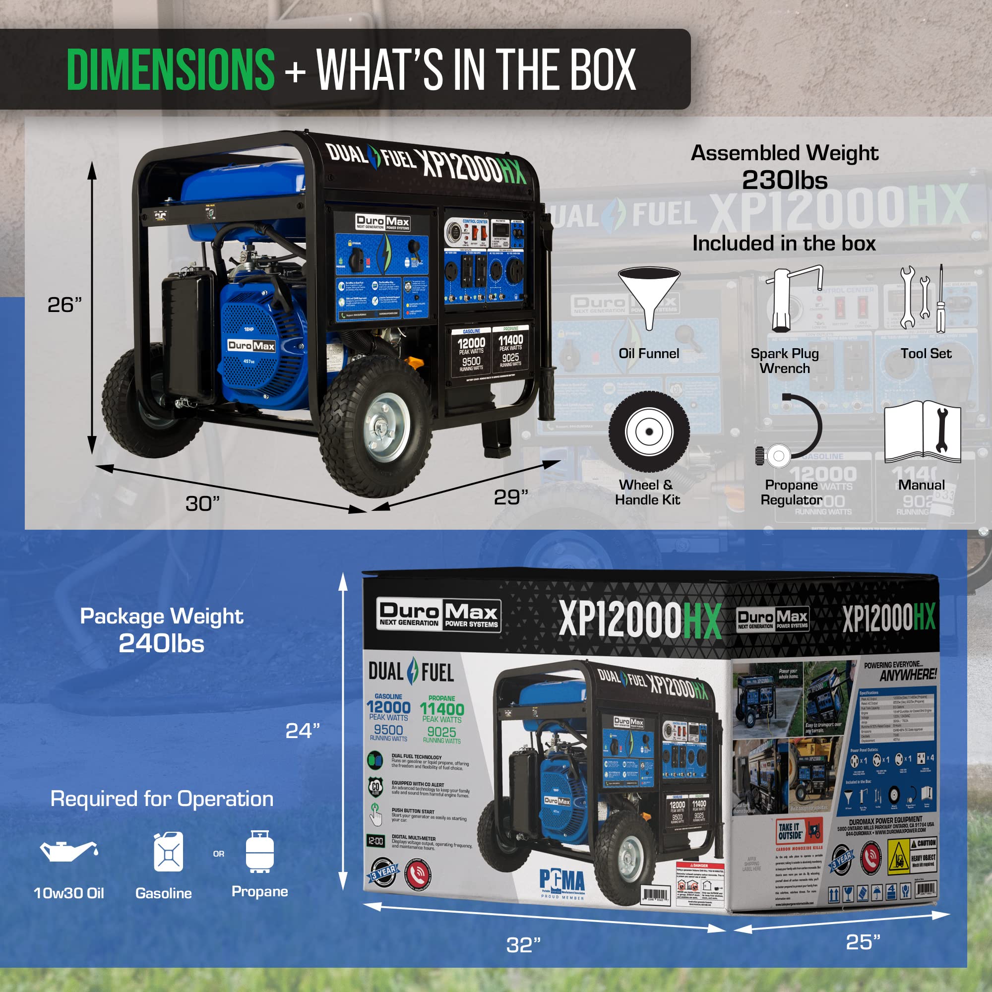 DuroMax XP15000HXT+ 15,000 Watt Portable Tri Fuel EFI Portable Generator - 50 State Approved