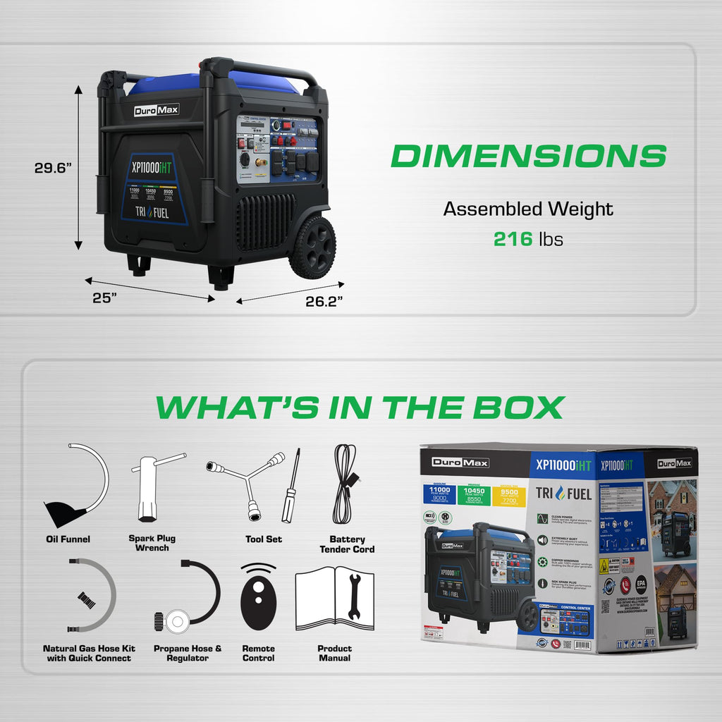 DuroMax XP16000iHT 16,000-Watt Tri Fuel Portable Digital Inverter Generator - Gas, Propane & Natural Gas, Remote Electric Start, Whole Home Power Backup, Transfer Switch Ready, RV & Emergency Ready