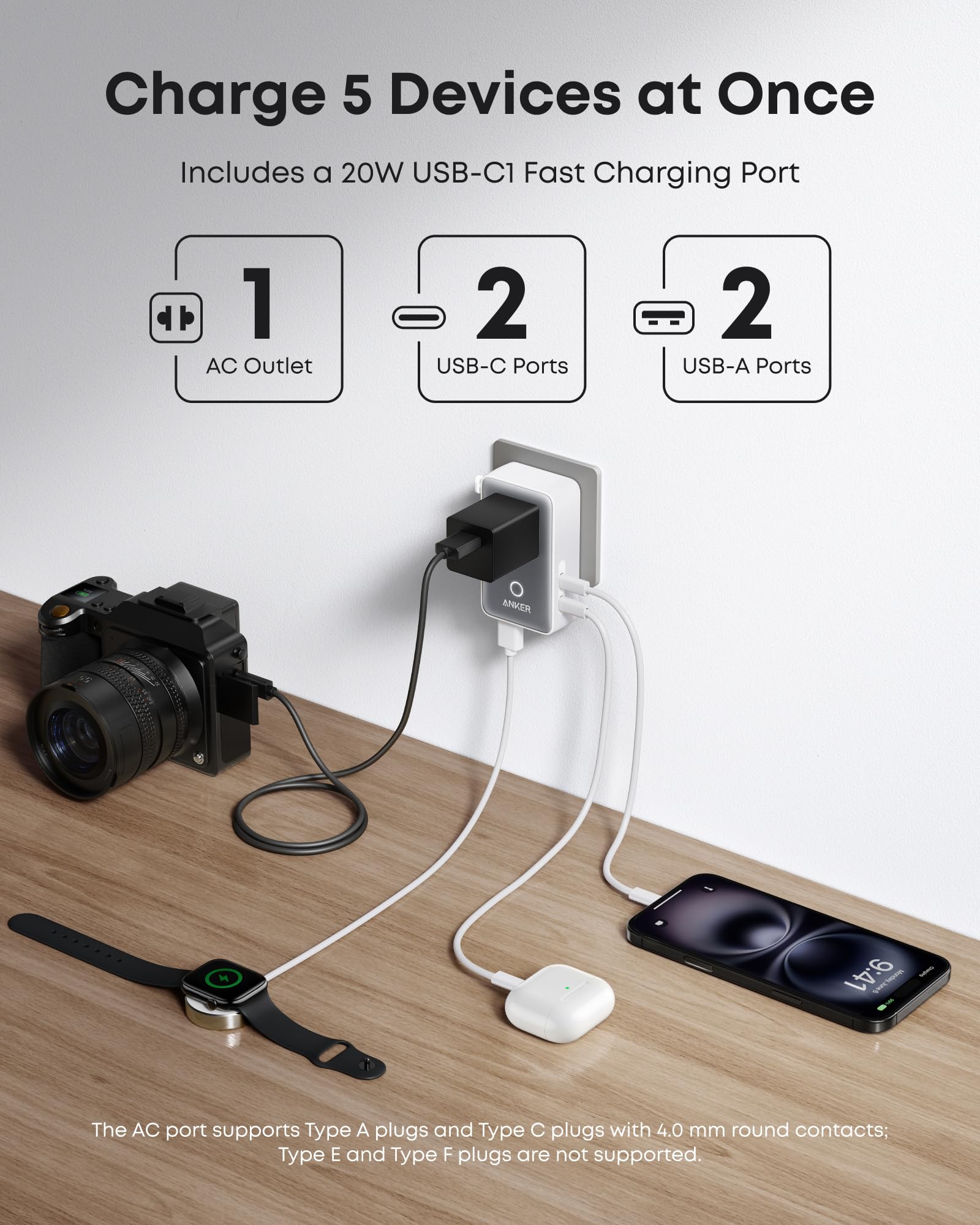 Anker Nano Travel Adapter, 5-Port Power Adapter with 1× 2-Pin AC, 2 USB A, 2 USB C for 20W, Smart Temperature Control, Works in 200+ Countries, Not a Voltage Converter, Travel Essentials (1-Pack)