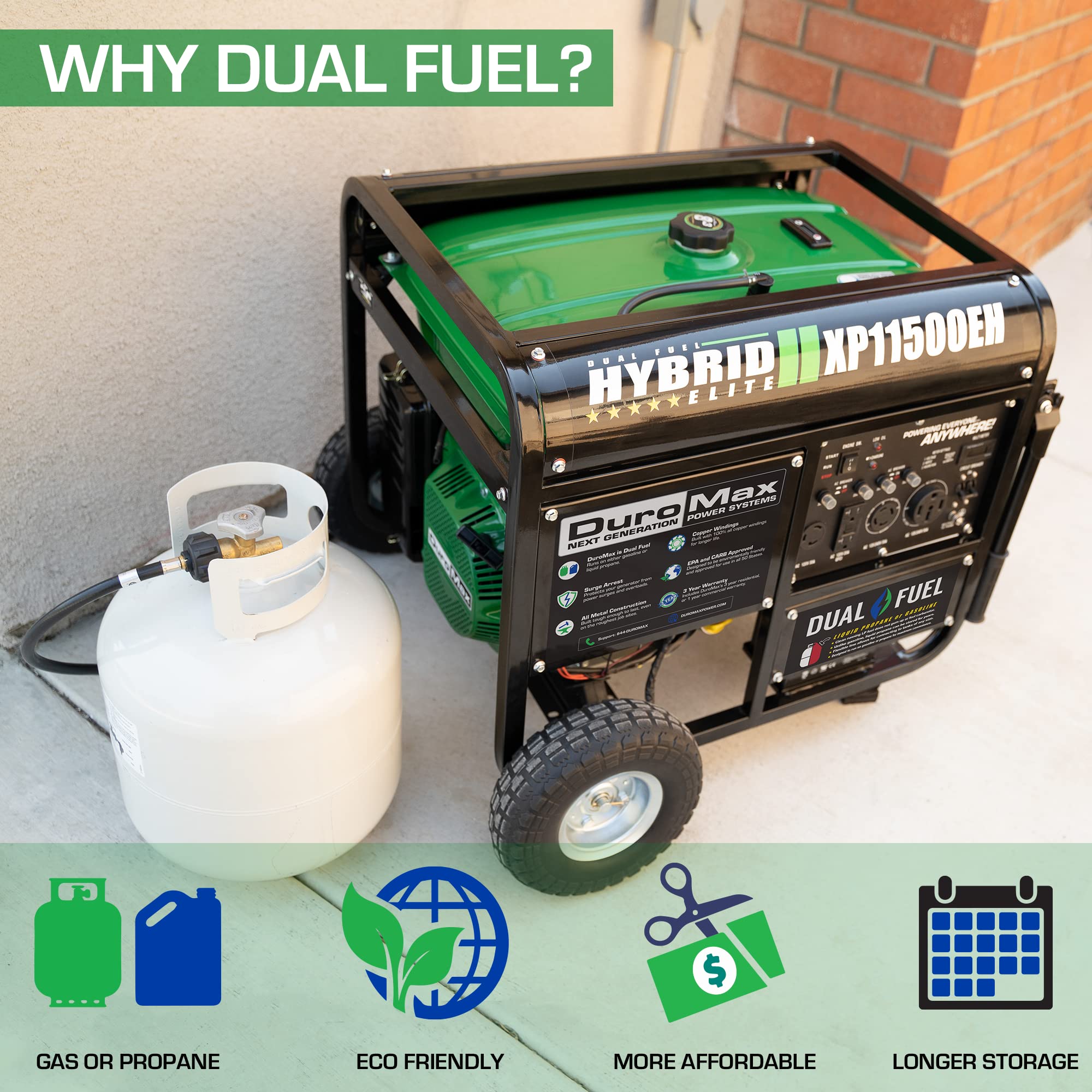 DuroMax XP11500EH Electric Start-Home Back Up & RV Ready, 50 State Approved Dual Fuel Portable Generator-11500 Watt Gas or Propane Powered, Green and Black