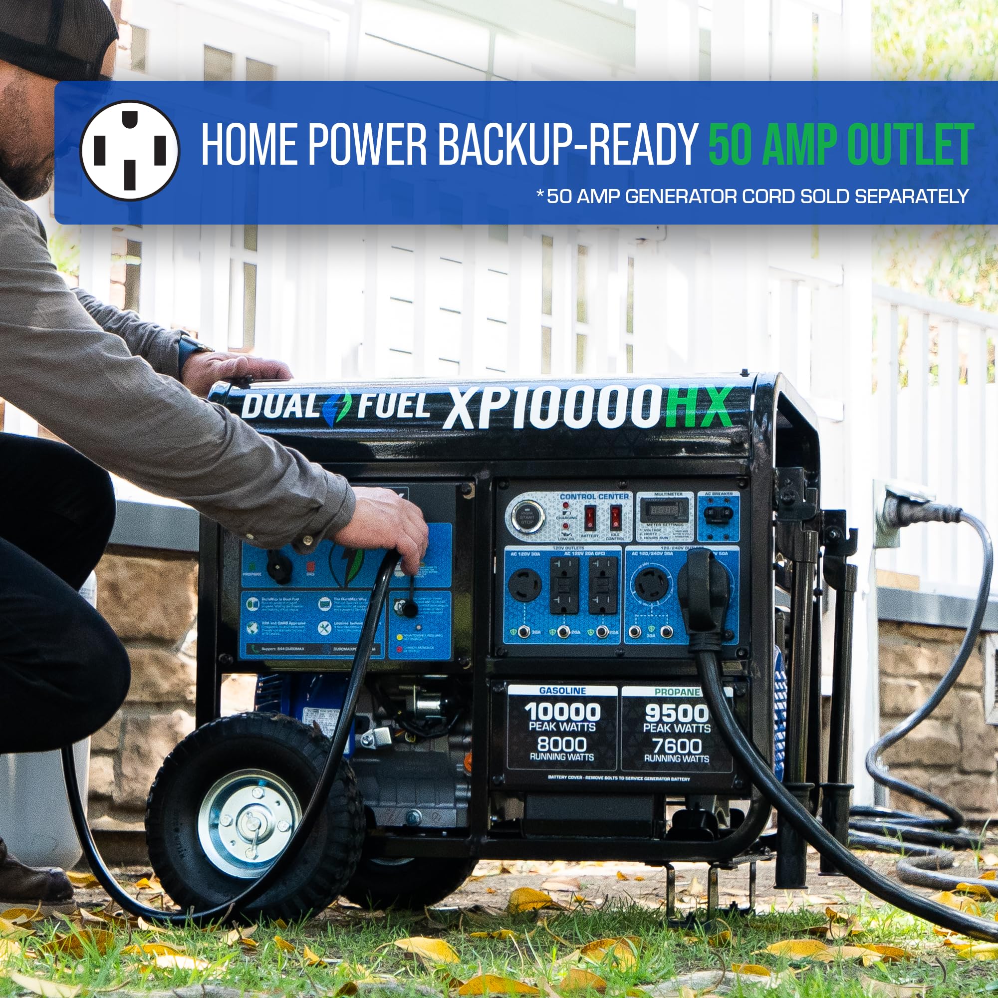 DuroMax XP10000HX 10,000-Watt Dual Fuel Portable Generator - Gas & Propane, Electric Start, Whole Home Power Backup, Transfer Switch Ready, RV & Emergency Ready