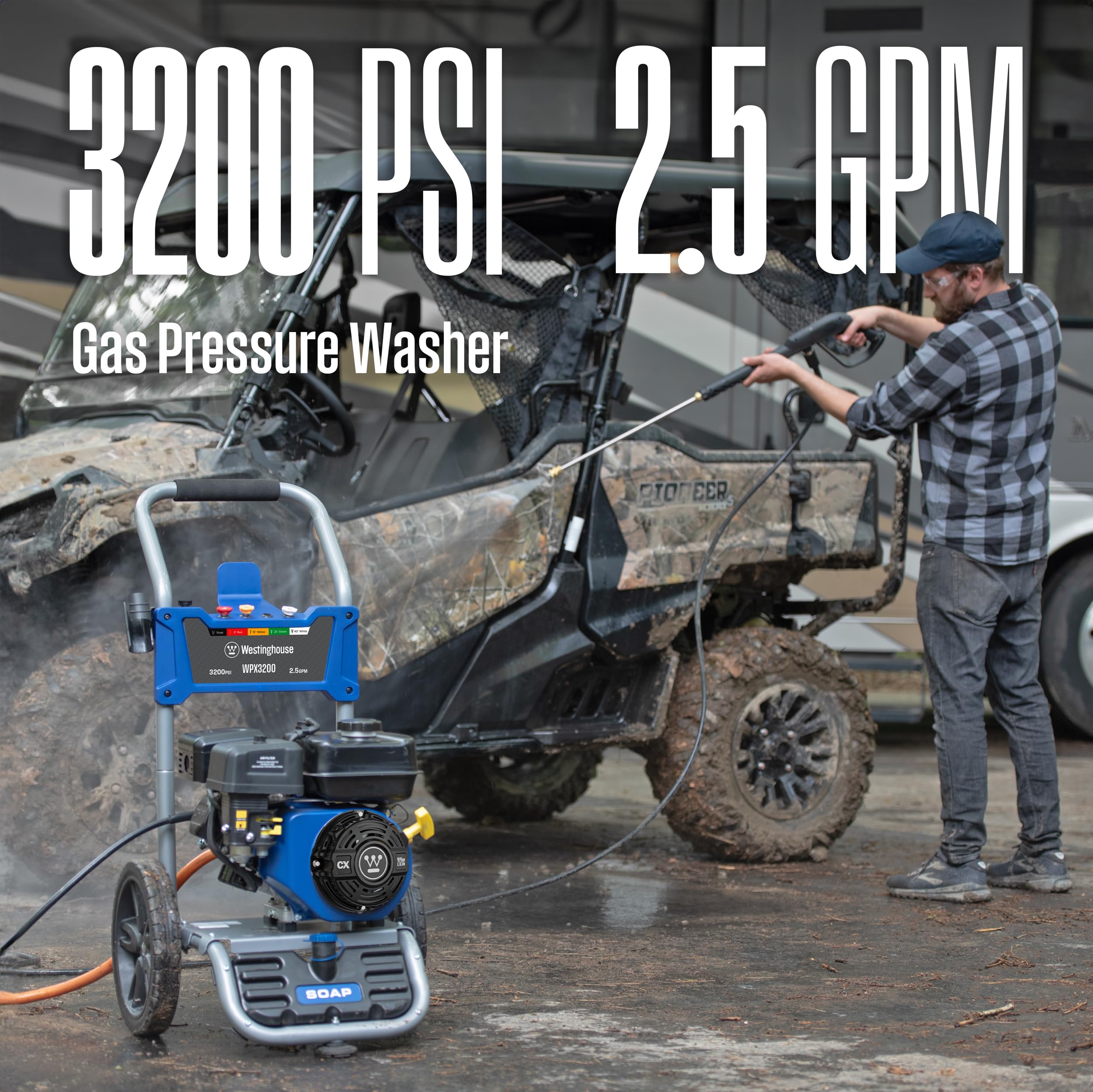 Westinghouse WPX3200 Gas Pressure Washer, 3200 PSI and 2.5 GPM, Onboard Soap Tank, Spray Gun and Wand, 5 Nozzle Set, for Cars/Fences/Driveways/Homes/Patios/Furniture