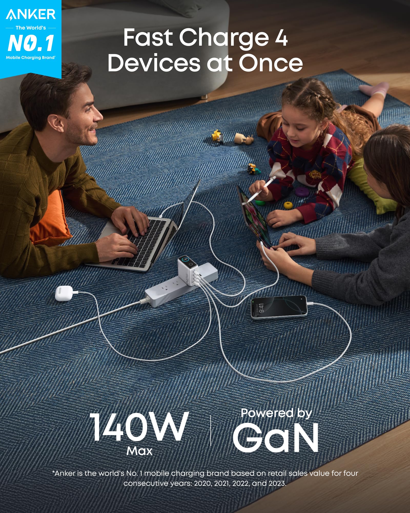 Anker MacBook Pro Charger,140W Max 4-Port GaN USB C Charger Block with Smart Display,Fast Charger USB C Power Adapter,Touch Controls for Macbook,iPad,iPhone 17/16 Series(Include 5FT Cable,Non-Battery)