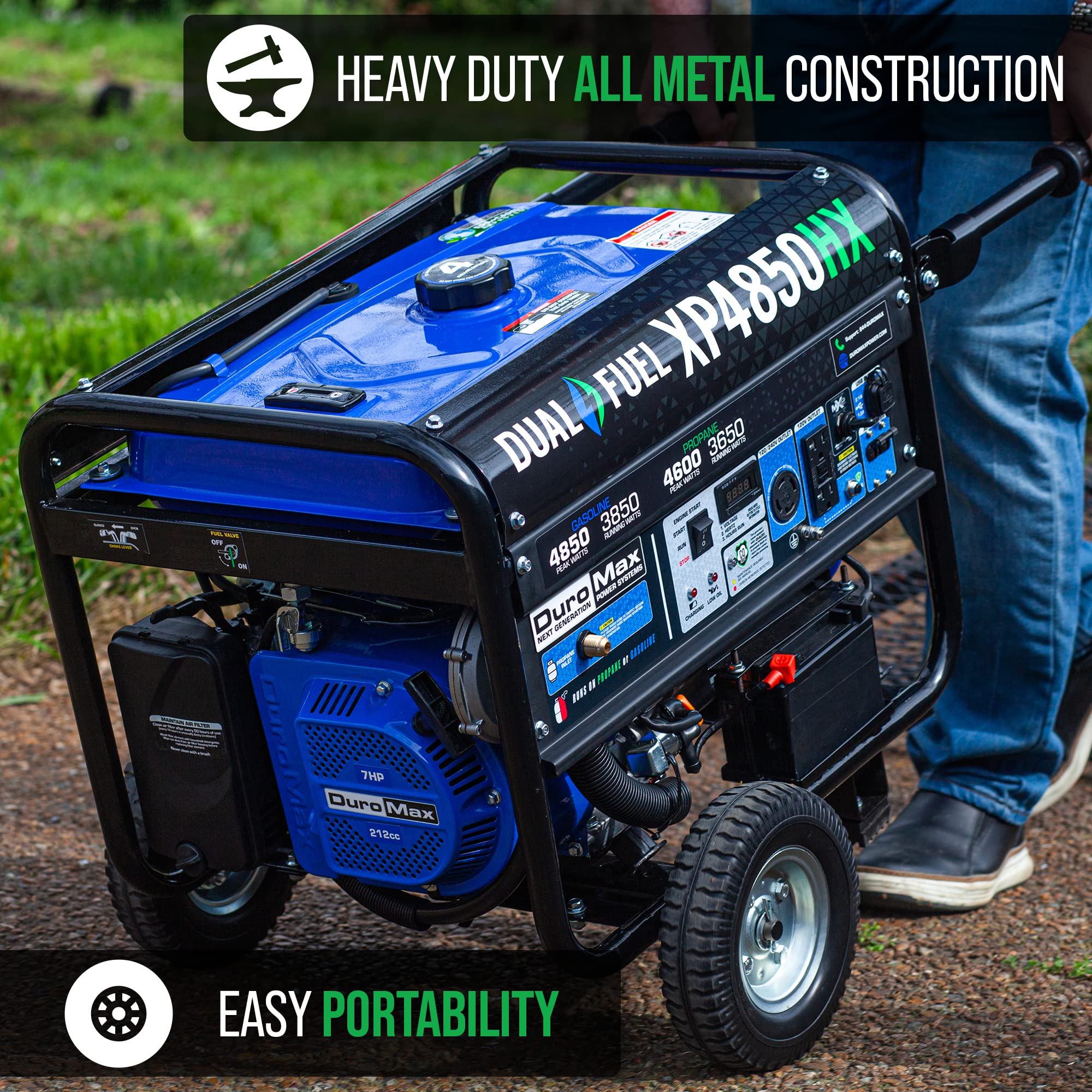 DuroMax XP4850HX Dual Fuel Portable Generator-4850 Watt Gas or Propane Powered Electric Start w/CO Alert, 50 State Approved, Blue
